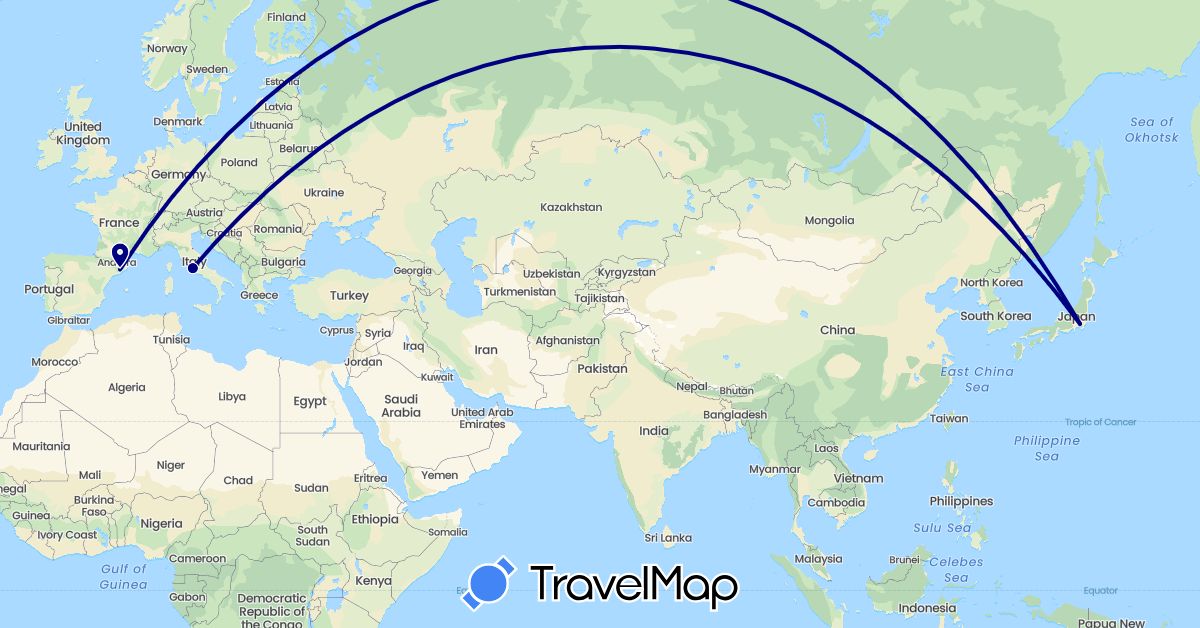 TravelMap itinerary: driving in Spain, Italy, Japan (Asia, Europe)